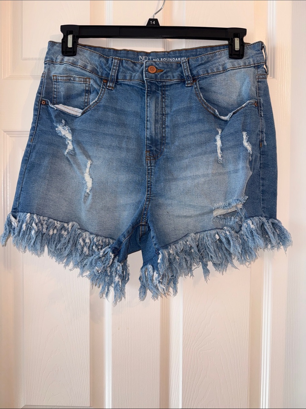 No Boundaries Light Blue Distressed Fringed Denim Shorts - Women